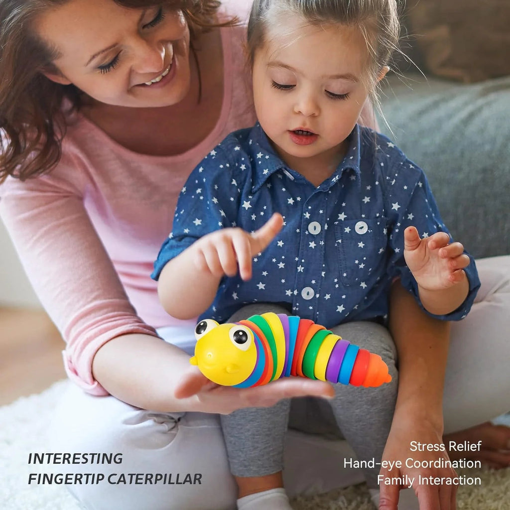 3D Rainbow Slug Fidget Toy | Sensory Stress Relief Toy for Kids & Adults | Fun Caterpillar Design (1 Pc) - Tortoyse Toys & Games 17594_plastic_finger_slug_toy