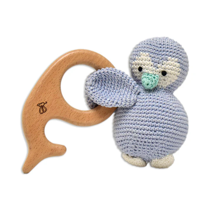 Penguin Rattle & Teether - Handmade Crochet Baby Comforter - Tortoyse Toys