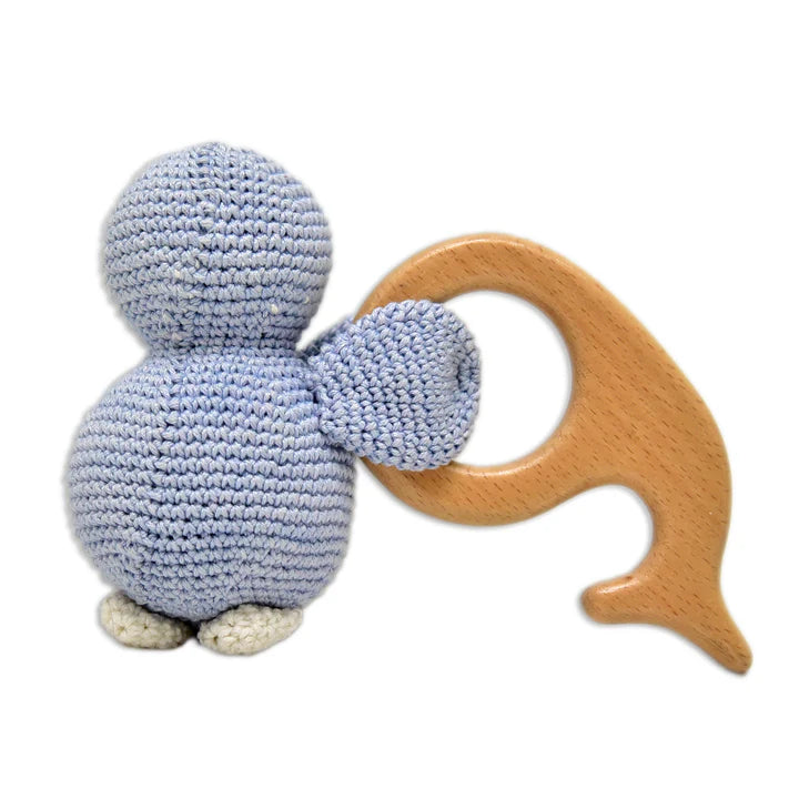 Penguin Rattle & Teether - Handmade Crochet Baby Comforter - Tortoyse Toys