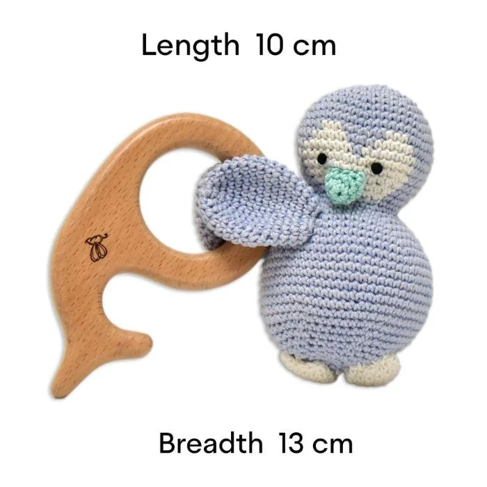 Penguin Rattle & Teether - Handmade Crochet Baby Comforter - Tortoyse Toys