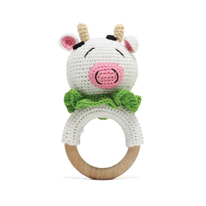 Cute Cow Rattle - Soft Handmade Crochet Baby Toy - Tortoyse Toys