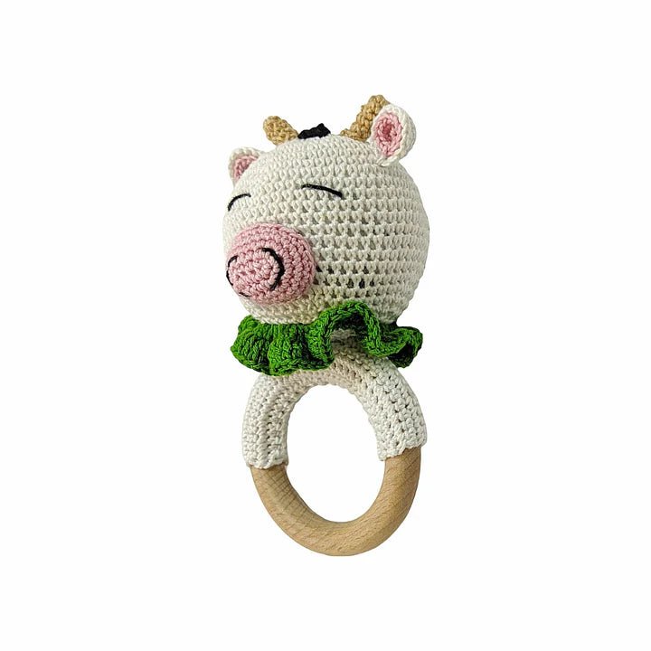 Cute Cow Rattle - Soft Handmade Crochet Baby Toy - Tortoyse Toys
