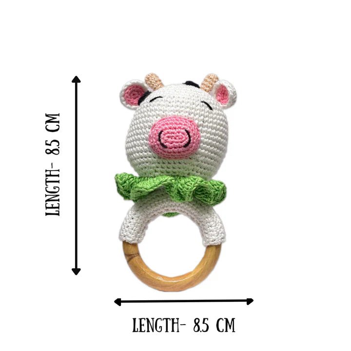 Cute Cow Rattle - Soft Handmade Crochet Baby Toy - Tortoyse Toys