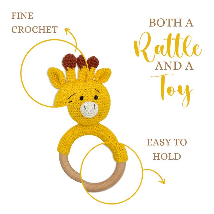 Giraffe Giggles Ring Rattle – Soft Handmade Crochet Toy for Babies - Tortoyse Toys