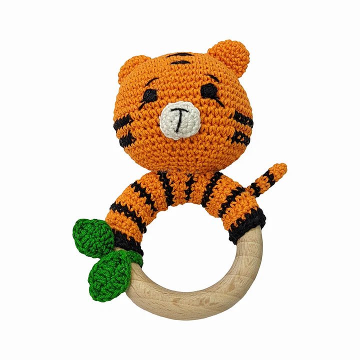 Joyful Tiger Rattle - Handmade Crochet Baby Companion - Tortoyse Toys
