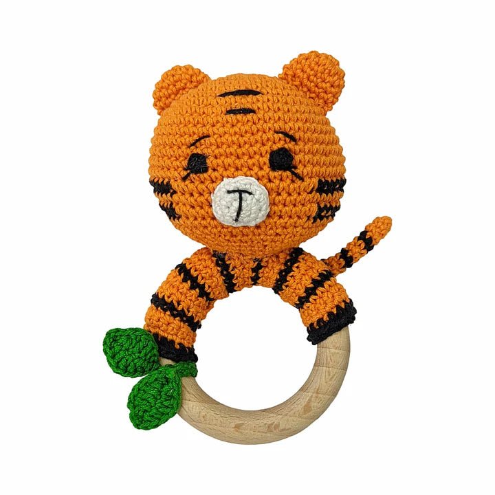 Joyful Tiger Rattle - Handmade Crochet Baby Companion - Tortoyse Toys