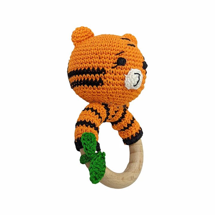 Joyful Tiger Rattle - Handmade Crochet Baby Companion - Tortoyse Toys