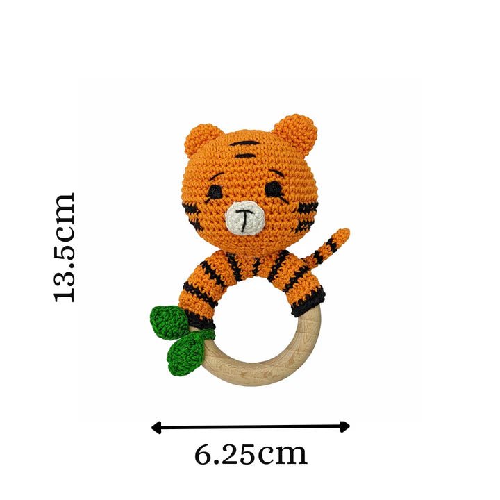 Joyful Tiger Rattle - Handmade Crochet Baby Companion - Tortoyse Toys