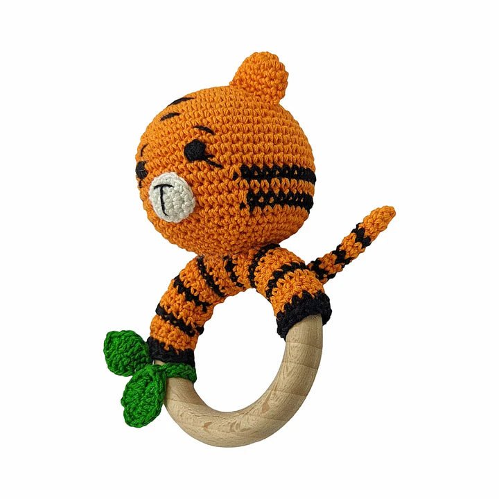 Joyful Tiger Rattle - Handmade Crochet Baby Companion - Tortoyse Toys