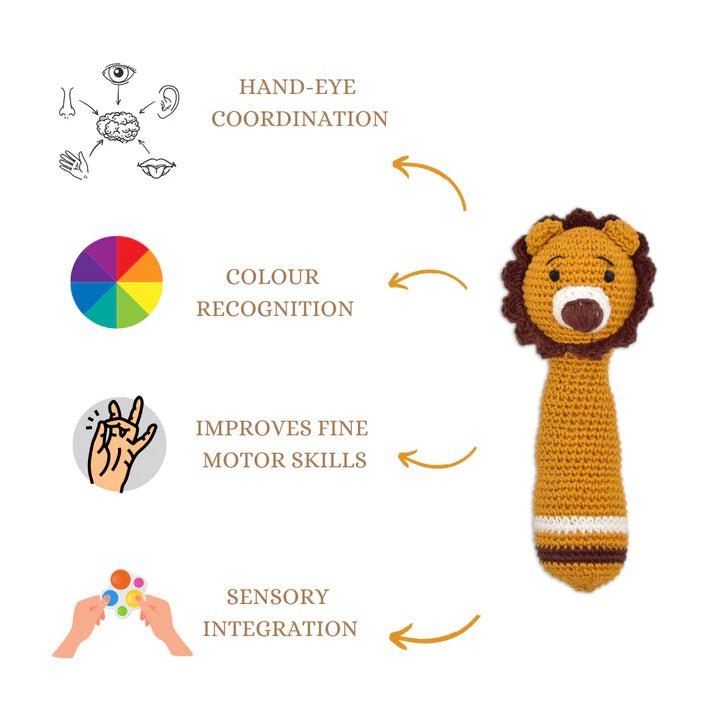Mini Simba Hand Rattle – Lovingly Handmade Crochet Lion Rattle - Tortoyse Toys
