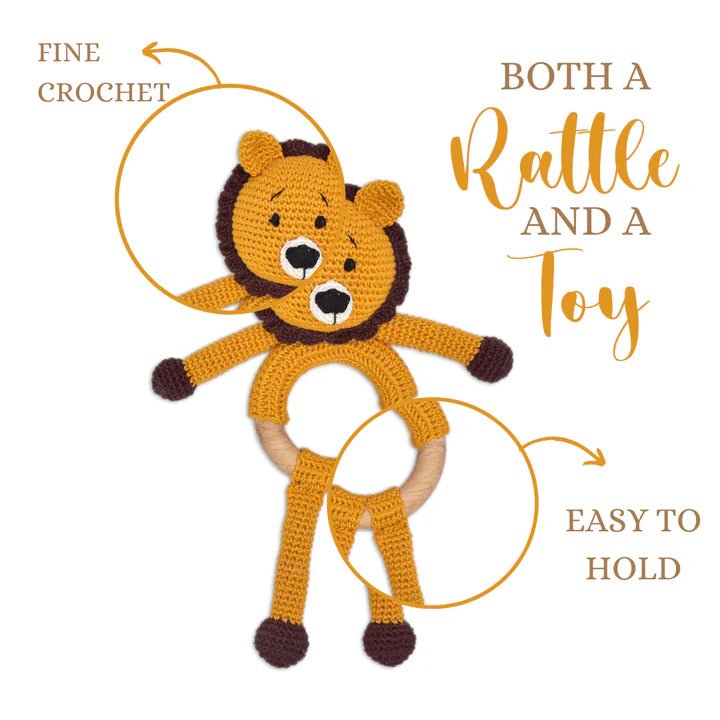 Mini Simba Rattle Toy – Handcrafted Crochet Rattle for Newborns - Tortoyse Toys