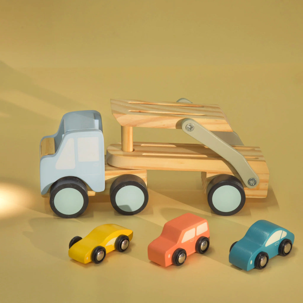 Playbox Car Carrier Truck and Cars Wooden Toy Set - Tortoyse