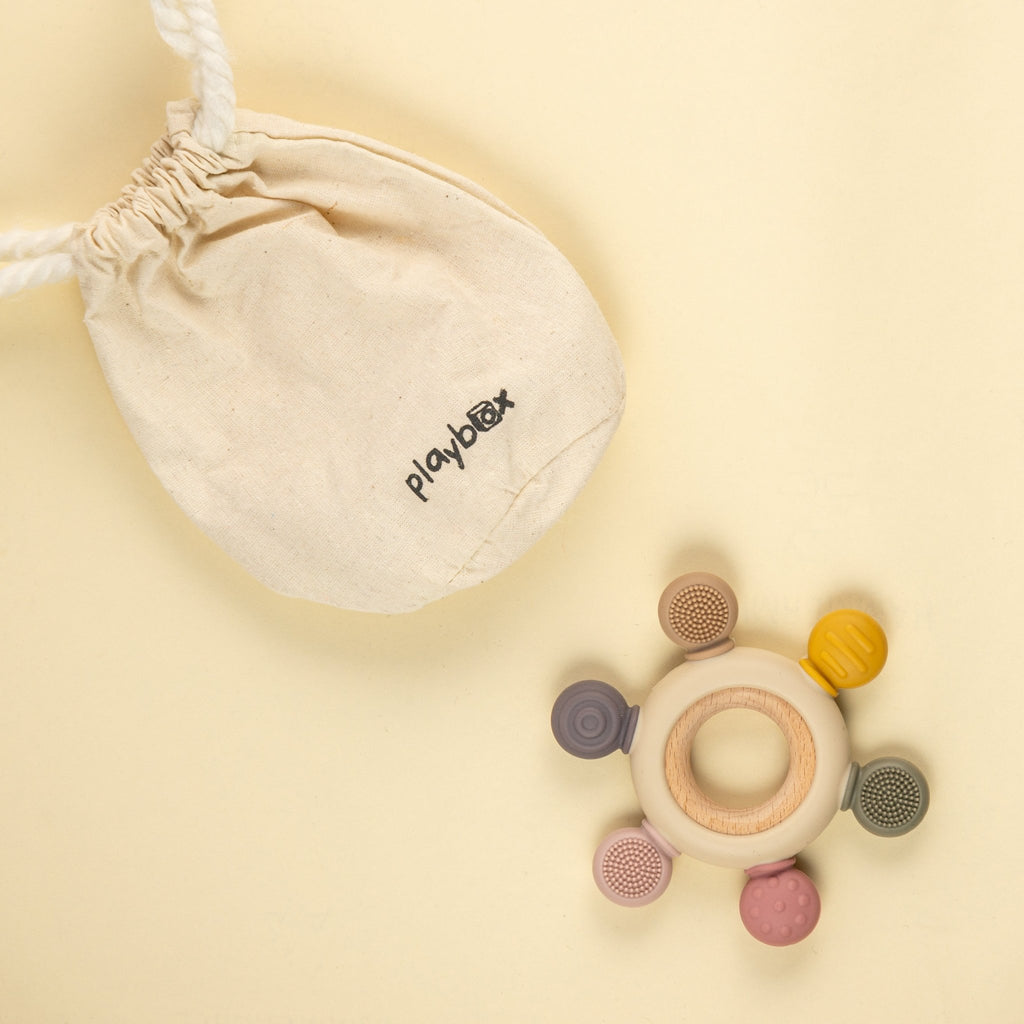 Playbox Infant Wooden Teether – Silicone Teether with Wooden Ring - Tortoyse