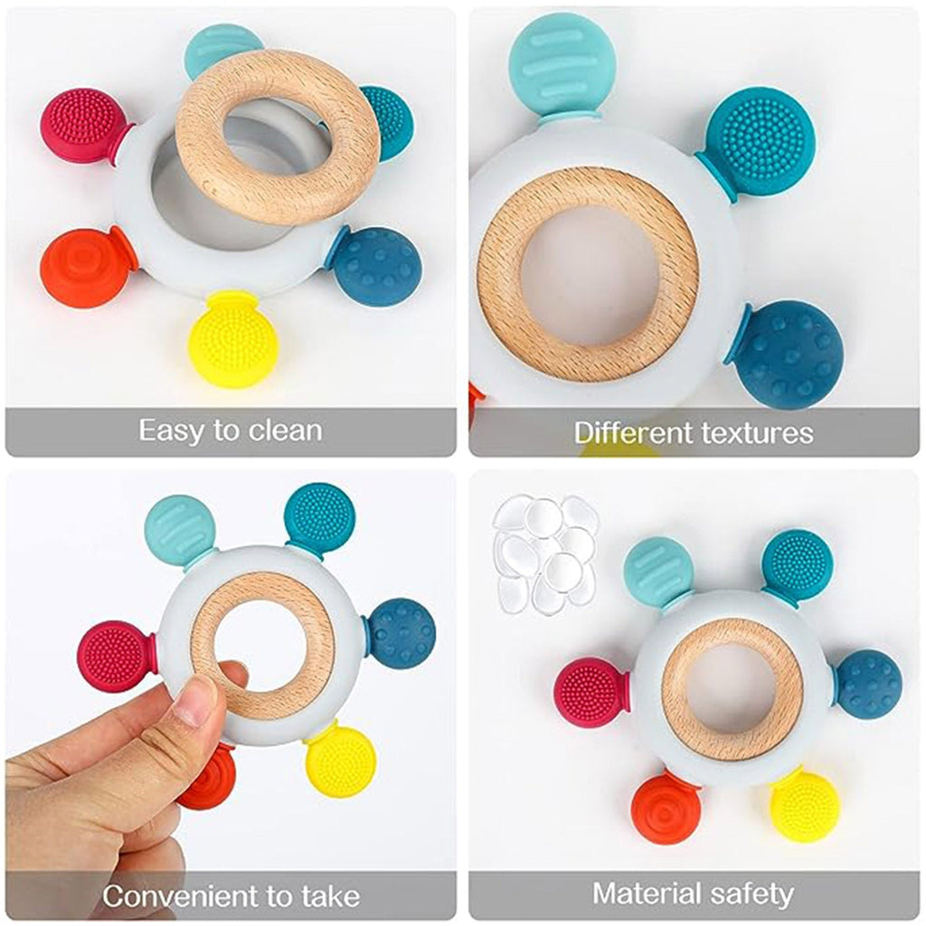 Playbox Infant Wooden Teether – Silicone Teether with Wooden Ring - Tortoyse