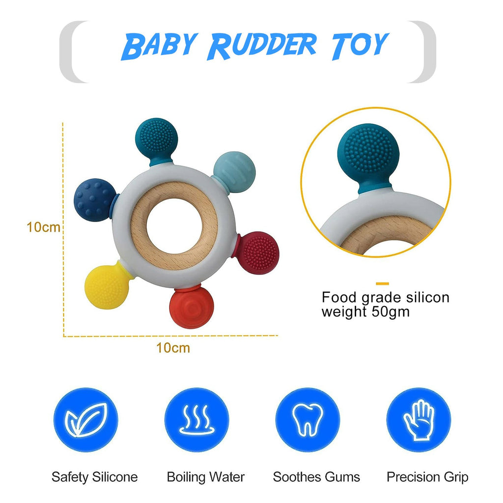 Playbox Infant Wooden Teether – Silicone Teether with Wooden Ring - Tortoyse