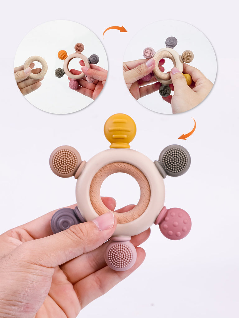 Playbox Infant Wooden Teether – Silicone Teether with Wooden Ring - Tortoyse