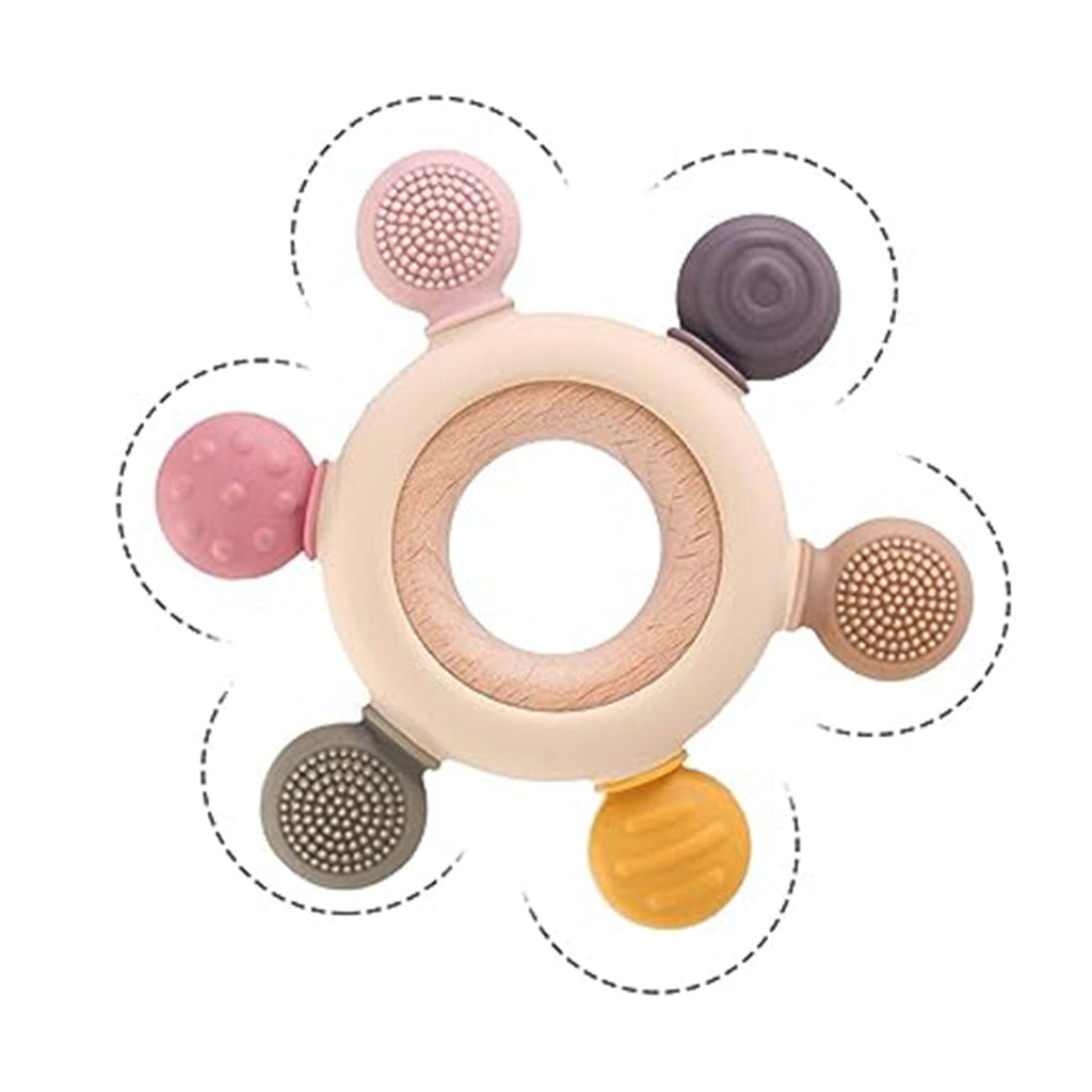 Playbox Infant Wooden Teether – Silicone Teether with Wooden Ring - Tortoyse