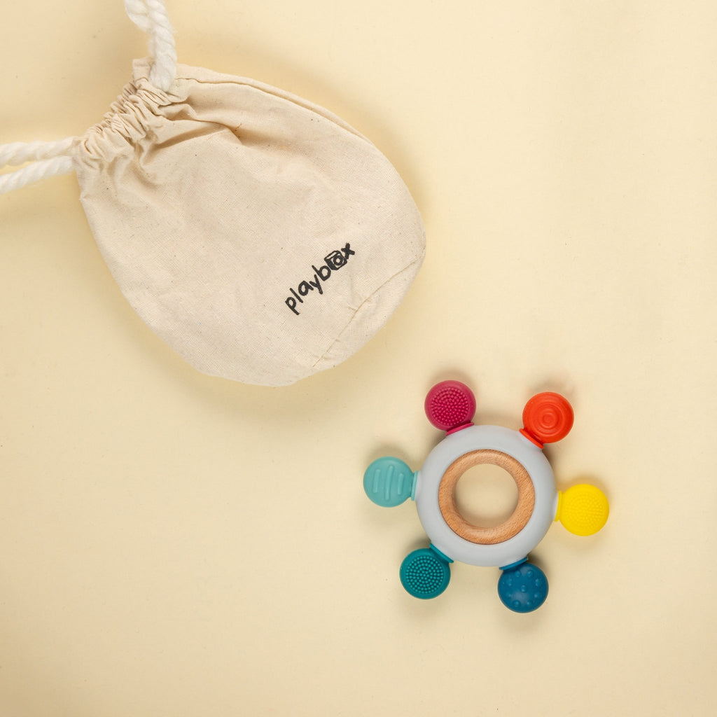 Playbox Infant Wooden Teether – Silicone Teether with Wooden Ring - Tortoyse