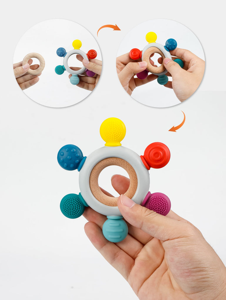 Playbox Infant Wooden Teether – Silicone Teether with Wooden Ring - Tortoyse