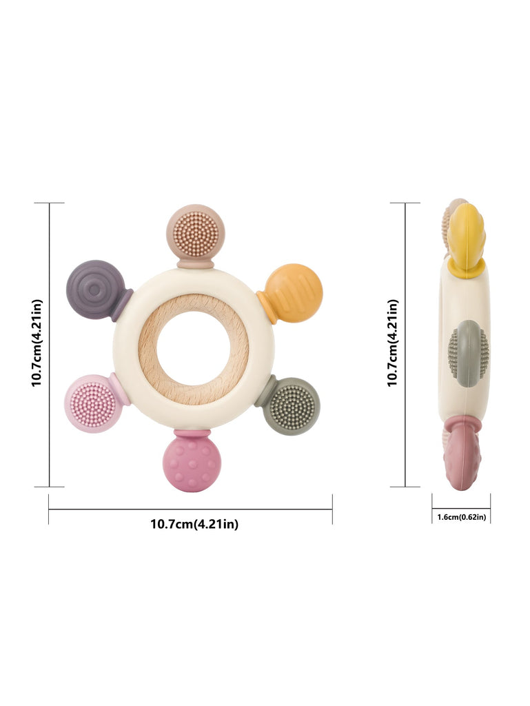 Playbox Infant Wooden Teether – Silicone Teether with Wooden Ring - Tortoyse