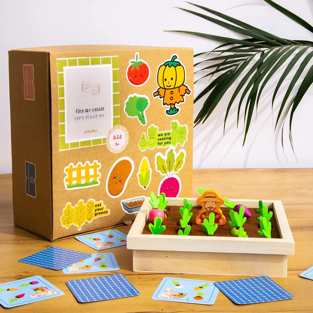 Playbox Pretend Play Wooden Memory Game – Find My Veggie Farm - Tortoyse