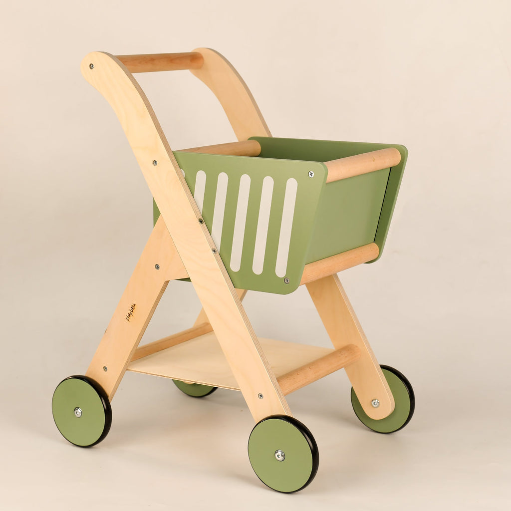 Playbox Shop 'N' Roll – Educational Wooden Grocery Store Pretend Play Trolley - Tortoyse