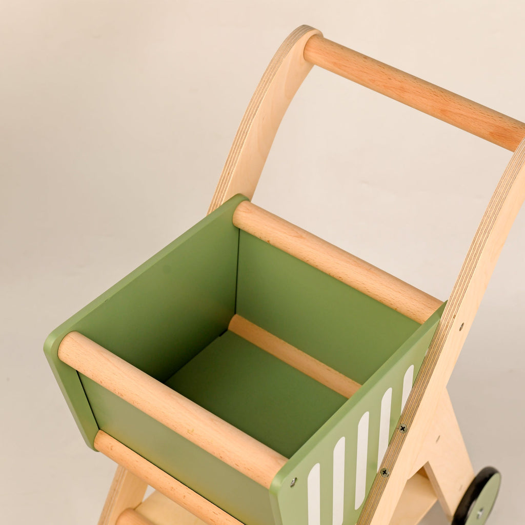 Playbox Shop 'N' Roll – Educational Wooden Grocery Store Pretend Play Trolley - Tortoyse