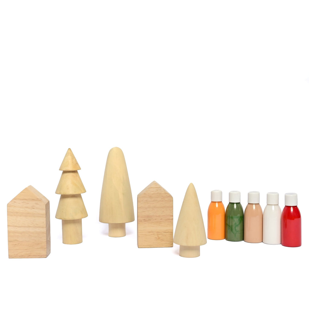 Playbox Wooden DIY Christmas Village Set – 2 Huts, 3 Trees - Tortoyse
