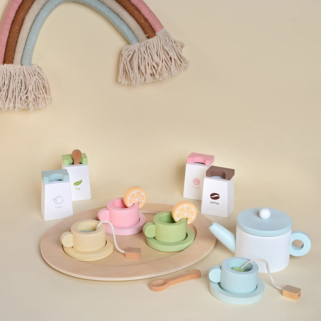 Playbox Wooden Tea Set for Kids – 20 pcs Pretend Play Tea Party - Tortoyse