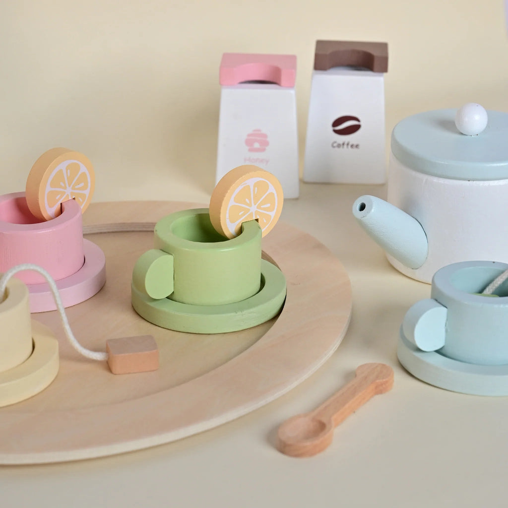 Playbox Wooden Tea Set for Kids – 20 pcs Pretend Play Tea Party - Tortoyse