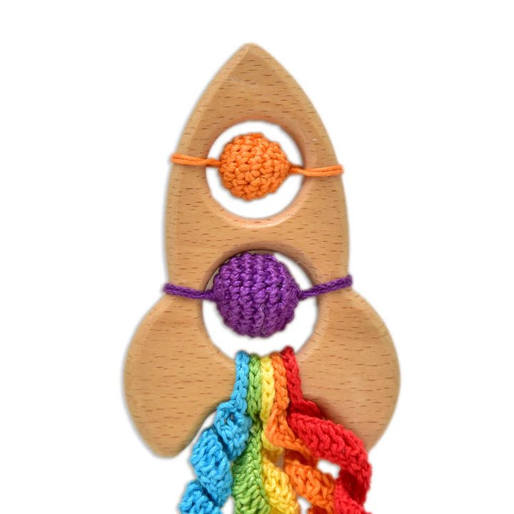 Rocket Rattle & Teether - Fun Handmade Crochet Baby Toy - Tortoyse Toys