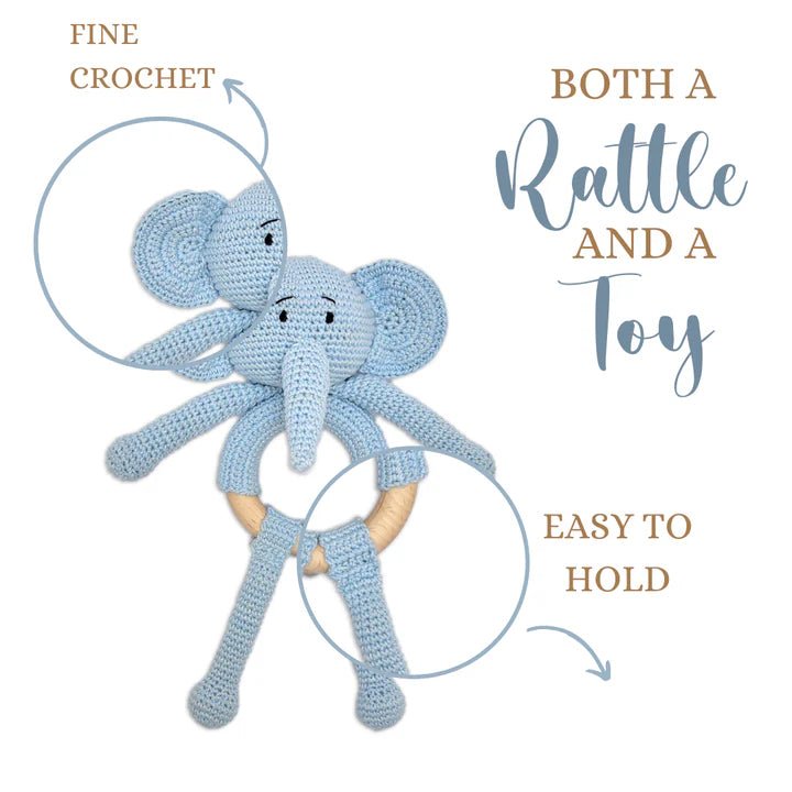 Tiny Trunkies Crochet Baby Rattle Toy – Handmade with Love & Care - Tortoyse Toys