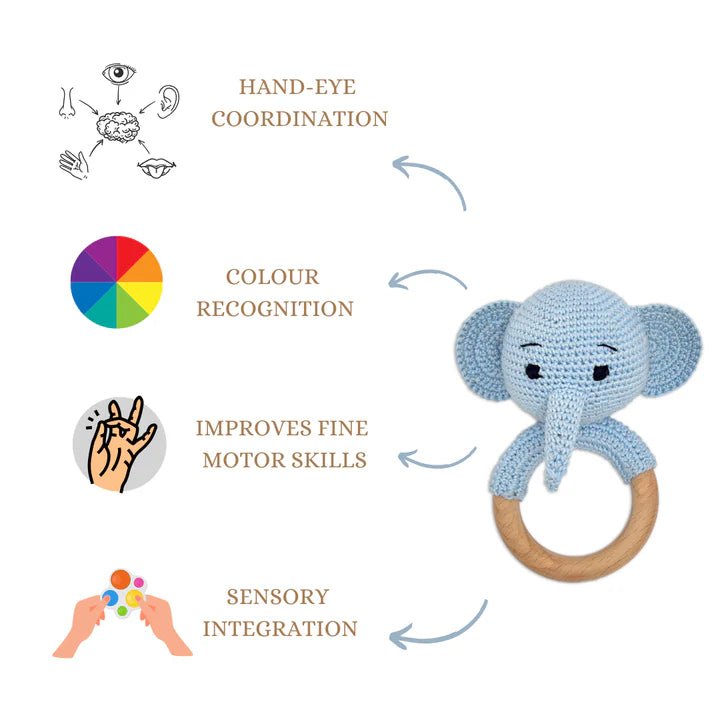 Tiny Trunkies Elephant Ring Rattle – Soft Crochet Fun for Little Hands - Tortoyse Toys
